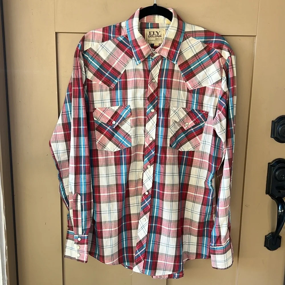 Ely Cattleman Vintage Plaid Pearl Snap Shirt. Blue Red Cream. Light Weight 16-35